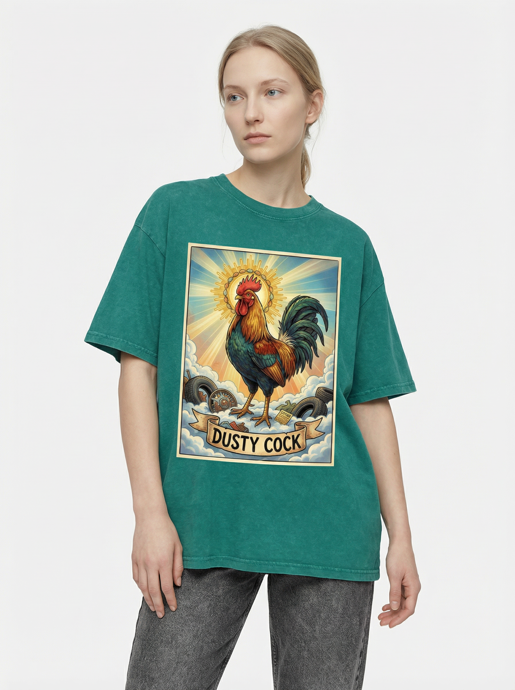 Dusty Cock, "Saint Cock" Rooster Graphic Tee – Heavyweight 100% Cotton, Vintage Wash, Washed Green