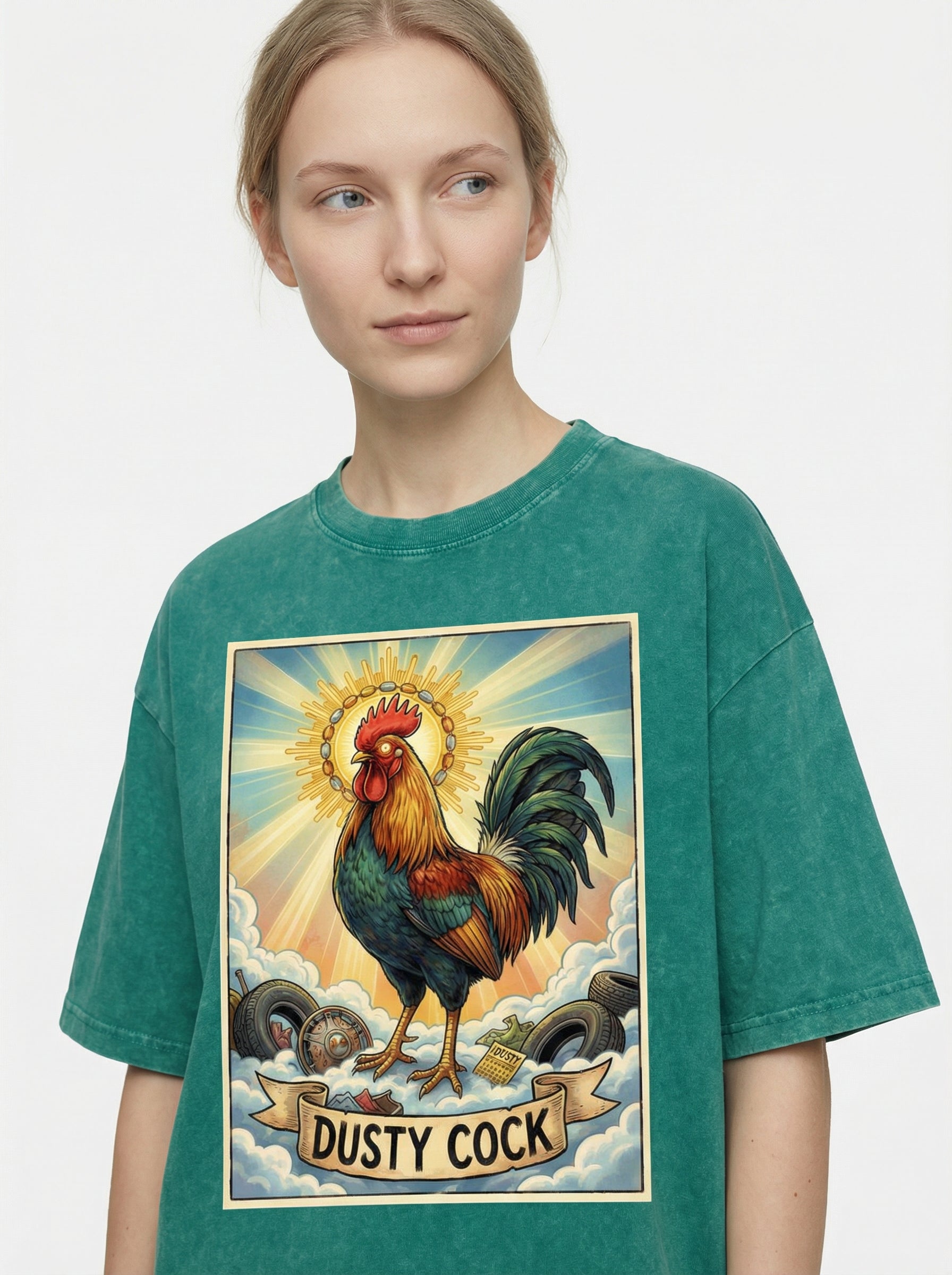 Dusty Cock, "Saint Cock" Rooster Graphic Tee – Heavyweight 100% Cotton, Vintage Wash, Washed Green
