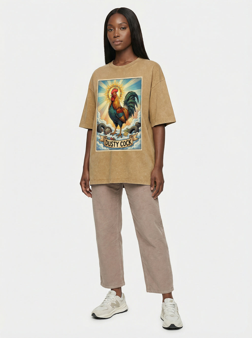 Dusty Cock, "Saint Cock" Rooster Graphic Tee – Heavyweight 100% Cotton, Vintage Wash, Washed Light Brown