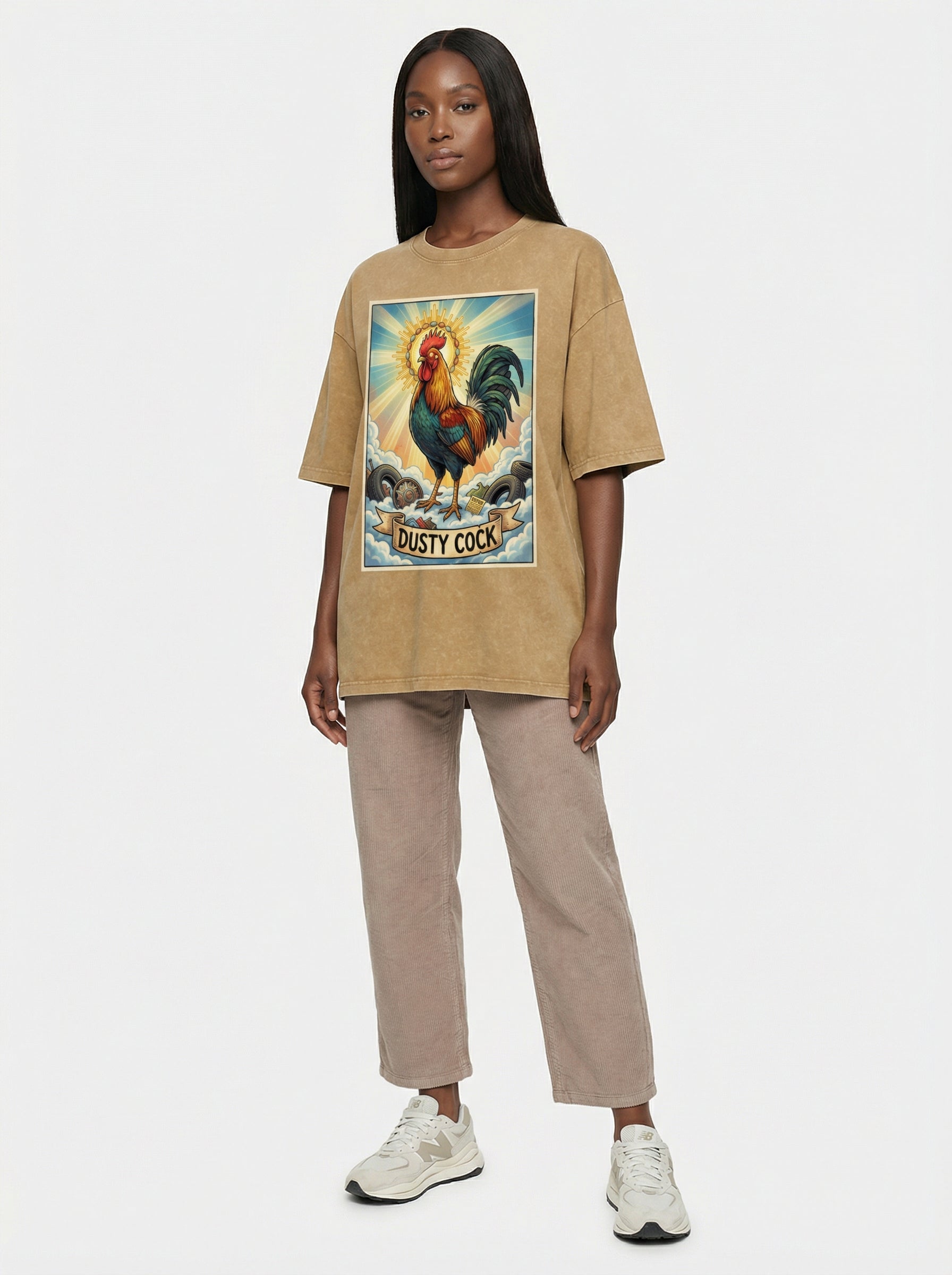 Dusty Cock, "Saint Cock" Rooster Graphic Tee – Heavyweight 100% Cotton, Vintage Wash, Washed Light Brown
