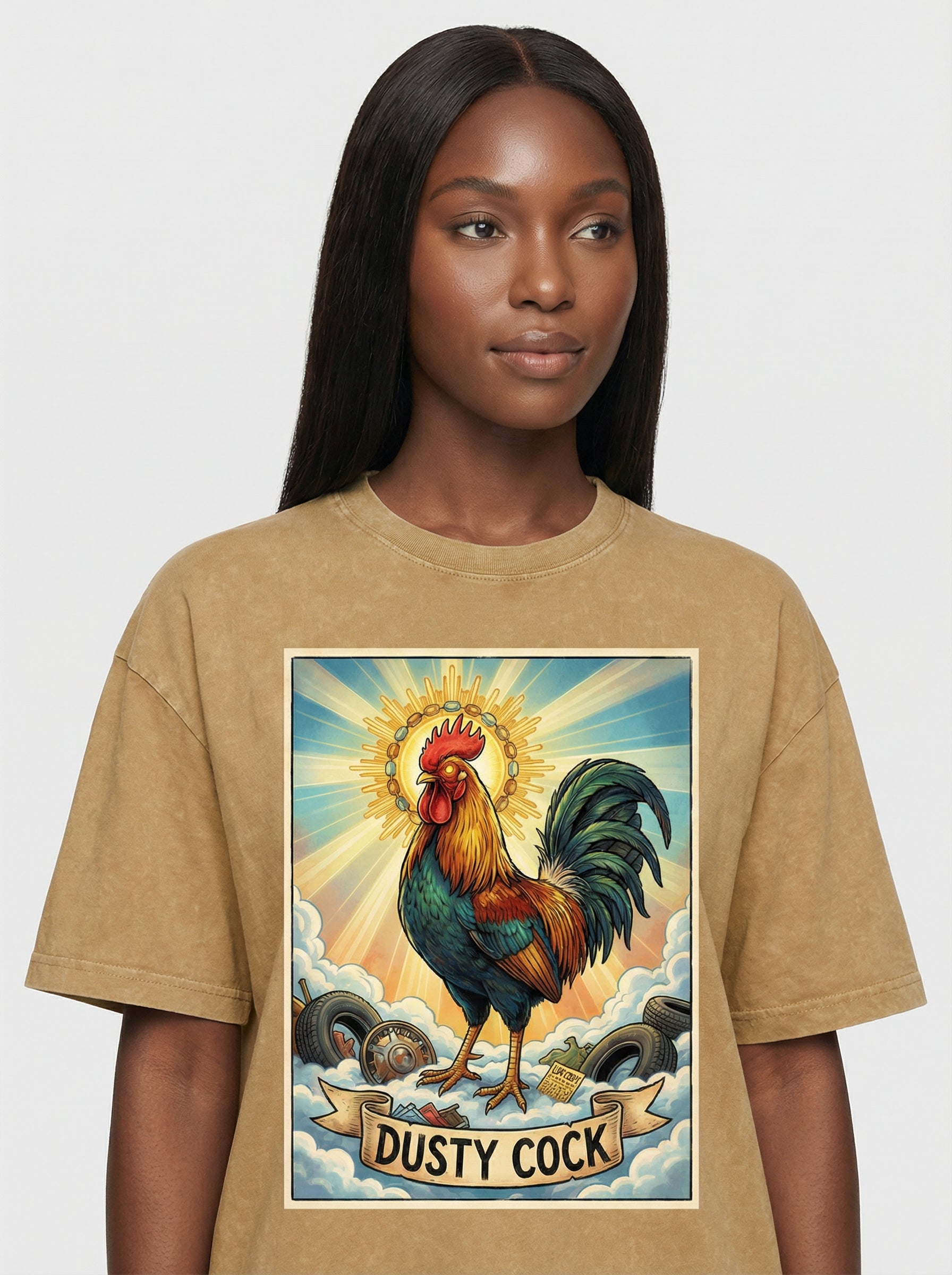 Dusty Cock, "Saint Cock" Rooster Graphic Tee – Heavyweight 100% Cotton, Vintage Wash, Washed Light Brown