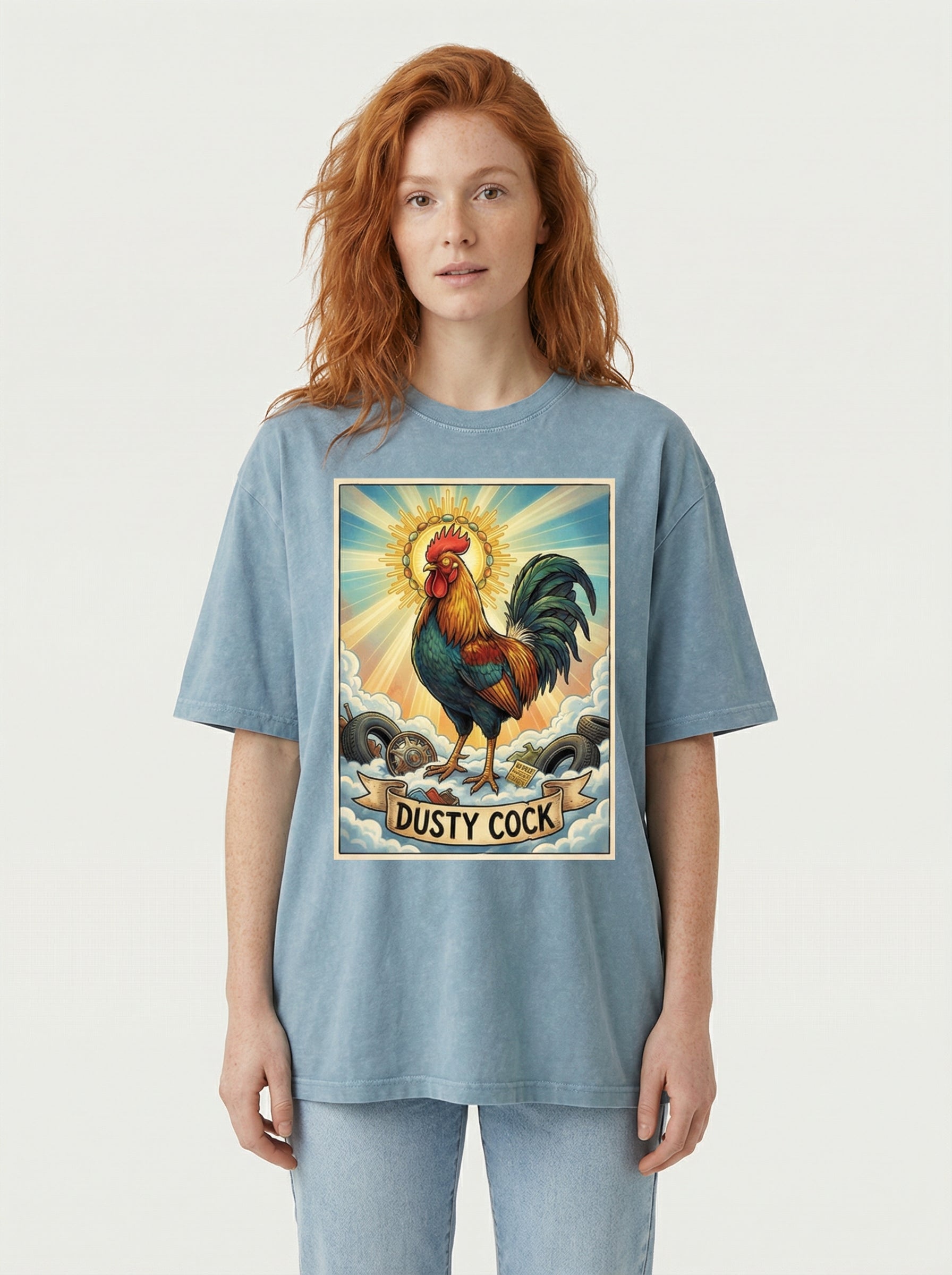 Dusty Cock, "Saint Cock" Rooster Graphic Tee – Heavyweight 100% Cotton, Vintage Wash, Washed Blue Jeans