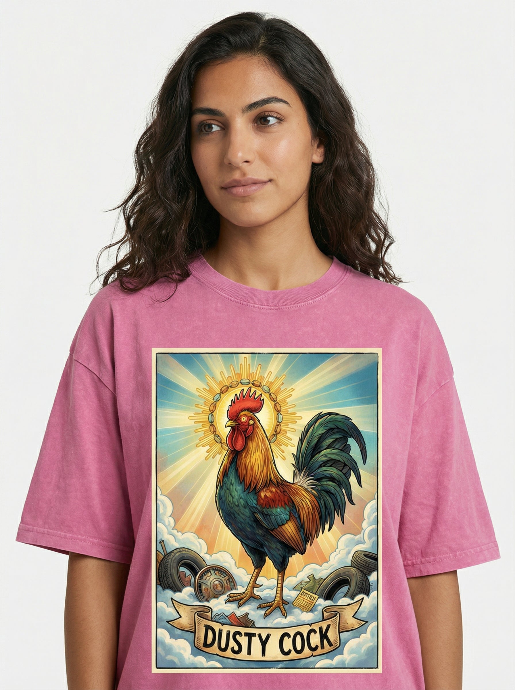 Dusty Cock, "Saint Cock" Rooster Graphic Tee – Heavyweight 100% Cotton, Vintage Wash, Washed Pink