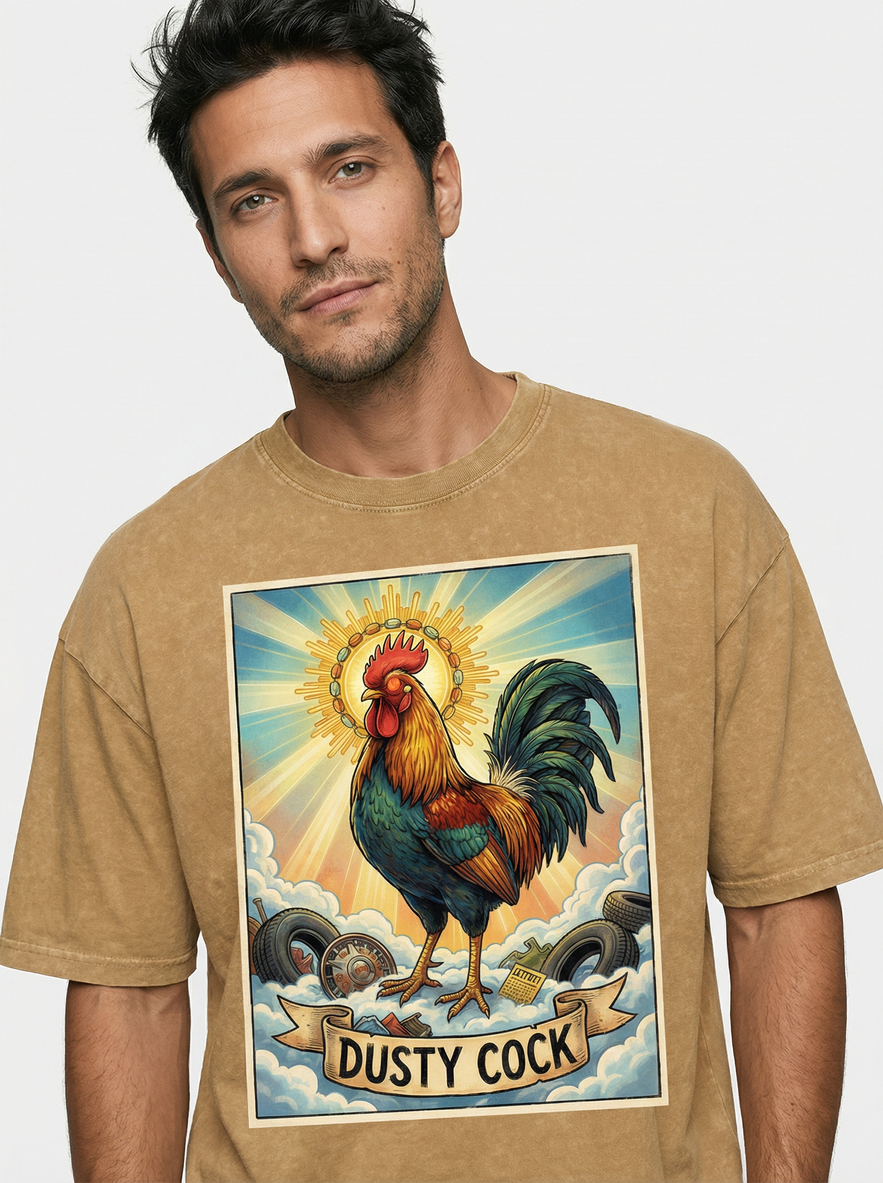 Dusty Cock, "Saint Cock" Rooster Graphic Tee – Heavyweight 100% Cotton, Vintage Wash, Washed Light Brown